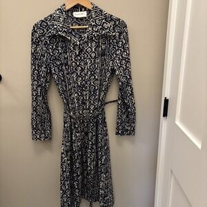 Vintage Country Miss 12 Dress Blue Batik White Button Down Belted Union Made